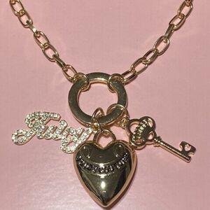 JUICY COUTURE GOLDTONE PUFF HEART KEY JUICY CRYSTAL CHARM TOGGLE NECKLACE NWT
